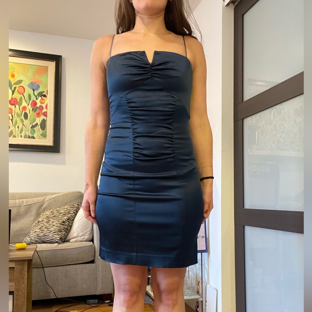 Nicole Miller satin blue ruche dress, size 4